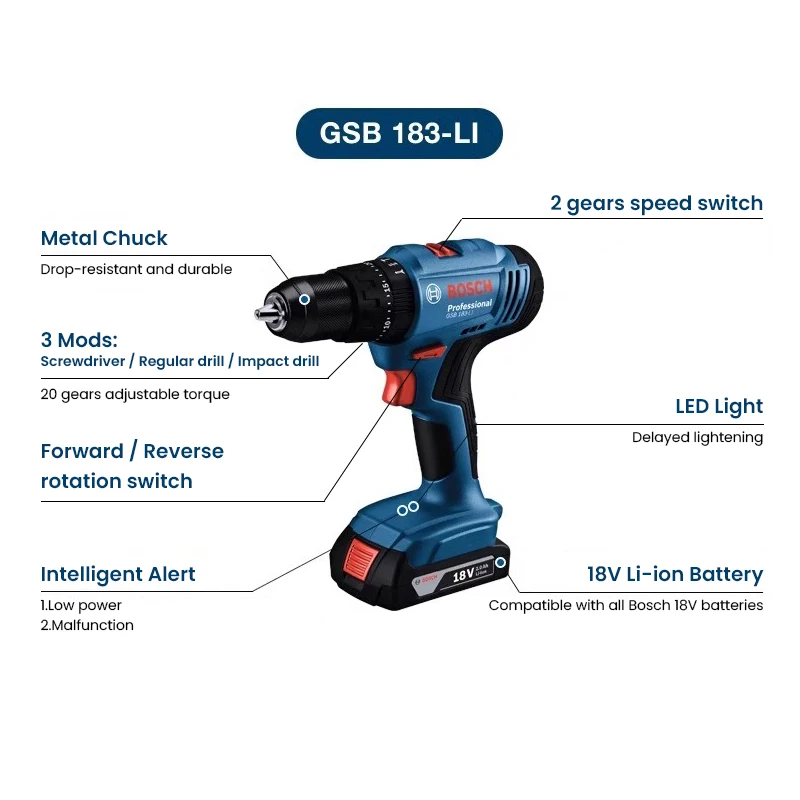 Power Tools Wood - Бош GSB183-LI Электрическая дрель-шуруповерт, беспроводная бесщеточная